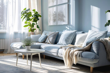 A bright, sunlit living room with a blue sofa and white table, and a green plant evoking a peaceful, minimalist aesthetic, potentially used for home decor inspiration.