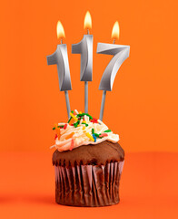 Birthday cupcake with number 117 candle - Orange color background