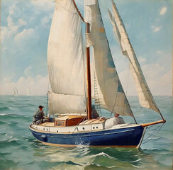 painting of A vintage A Sailboat In The Ocean. Vintage nautical wallpaper. classic painting in vibrant colors, sailing boat in the sea. Fine art, artwork.