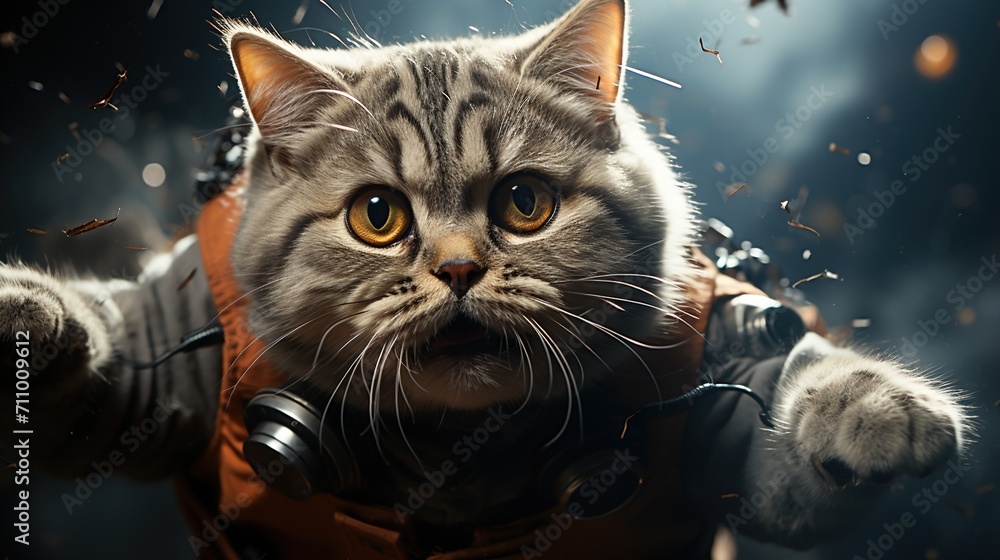 Poster a cat wearing a spacesuit is floating in space
