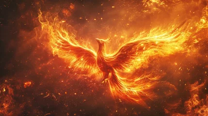 Zelfklevend Fotobehang Mythical phoenix, a majestic bird created with the essence of fire. © DreamPointArt