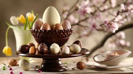 Obraz na płótnie Canvas Elevate your holiday preparations with an elegant display of chocolate eggs and jellybean sweets. The arrangement exudes sophistication against a chic, solid colored setting. #EasterElegance
