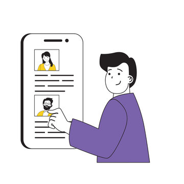 Online voting concept with cartoon people in flat design for web. Man choosing politicians and reading candidate profiles with photos. Vector illustration for social media banner, marketing material.