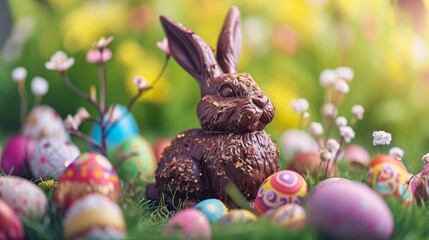 Fototapeta na wymiar Feast your eyes on this delightful scene where a decadent chocolate bunny takes center stage, complemented by an array of Easter eggs, creating a perfect visual treat.