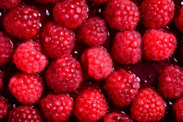 Fresh raspberries large berries Pattern on a red background with villi and drops and specks on the...