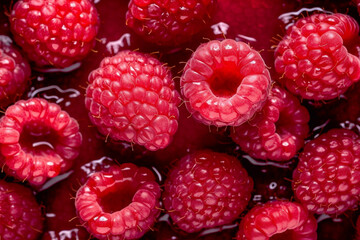 Fresh red raspberries on the background of water with villi