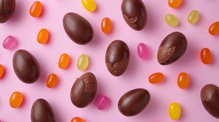 Festive Chocolate Bliss: Revel in the festive bliss of Easter preparations with a delightful assortment of chocolate eggs and vibrant jellybeans.