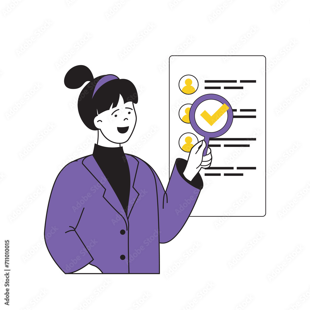 Poster online voting concept with cartoon people in flat design for web. woman searching political ballot l