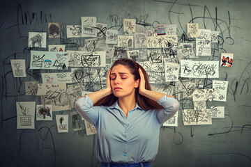 Overwhelmed Woman with Chaotic Thought Board