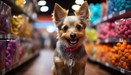 Cute puppy sitting, looking at camera in store generated by AI - obrazy, fototapety, plakaty