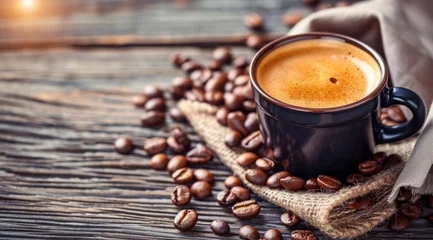 Foto op Plexiglas Cup of breakfast coffee with beans lying on a rustic table © Eliya