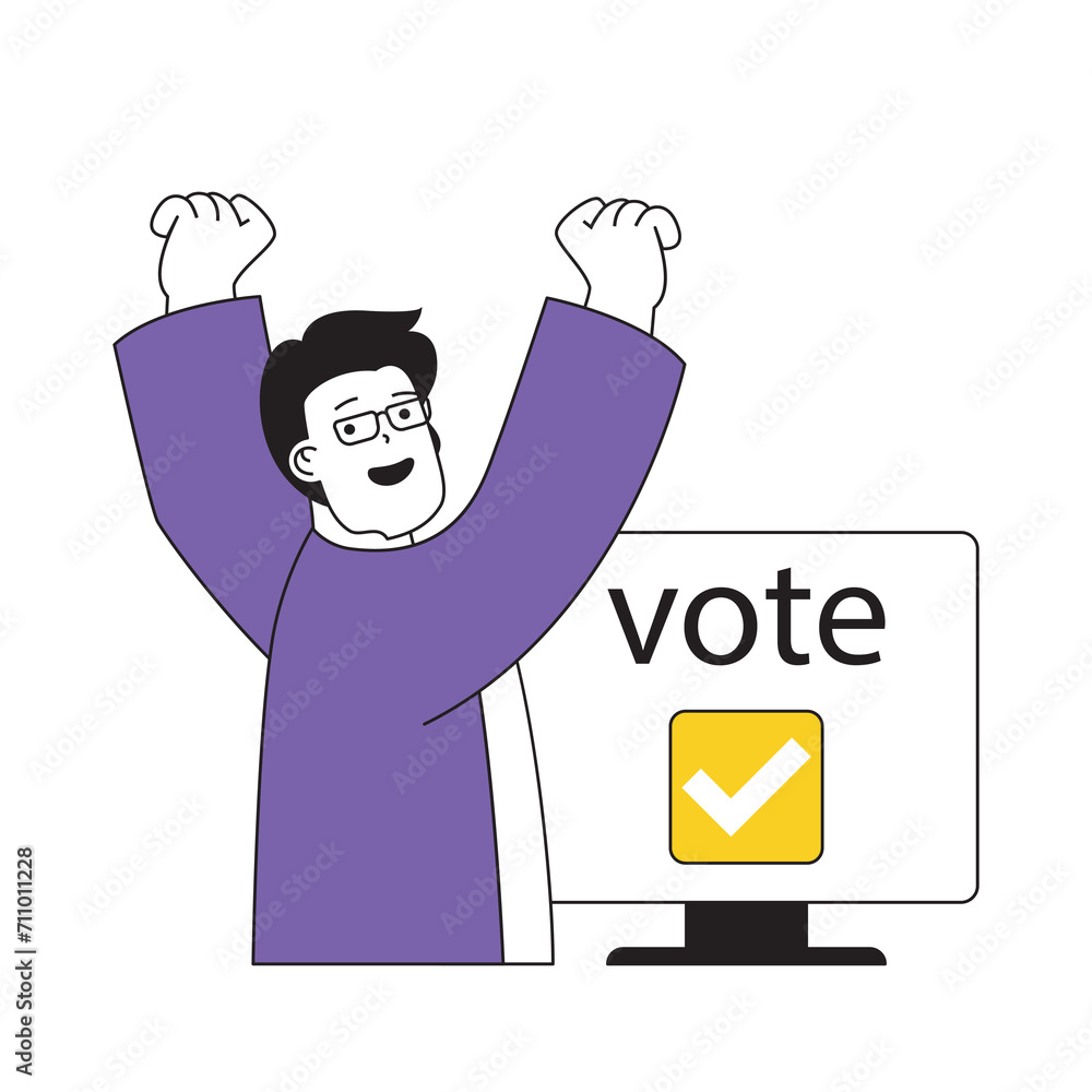 Poster online voting concept with cartoon people in flat design for web. happy man takes part in election, 