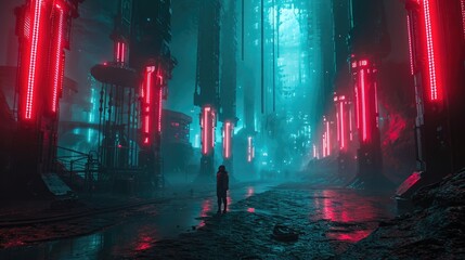 Foggy night cityscape with a man standing in the middle of a foggy alley - obrazy, fototapety, plakaty