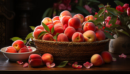 Freshness of nature bounty in a rustic fruit bowl generated by AI