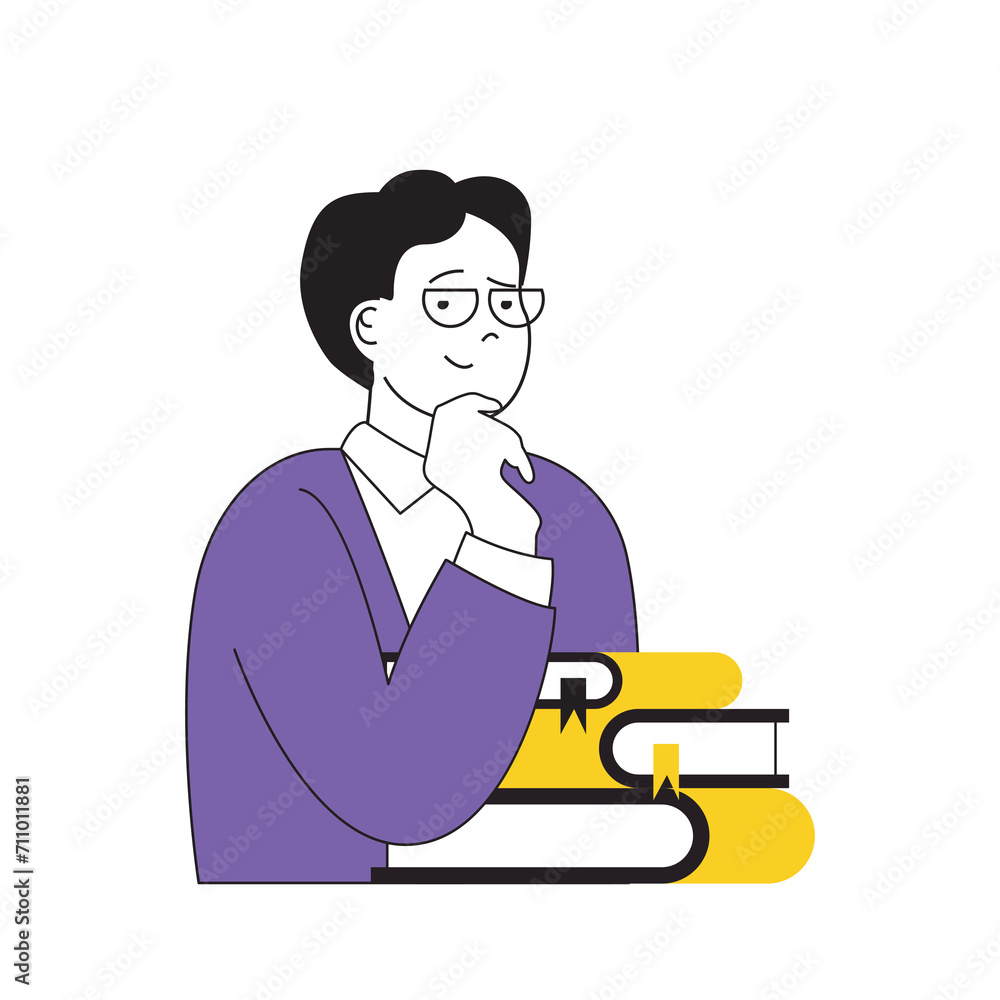 Aufkleber book reading concept with cartoon people in flat design for web. man student with stacks of textbook