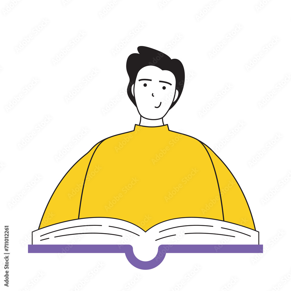 Poster Book reading concept with cartoon people in flat design for web. Man reads novel. Student learns with textbook. Bookworm doing hobby. Vector illustration for social media banner, marketing material.