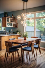 Mid-century modern dining room with blue walls and wood table