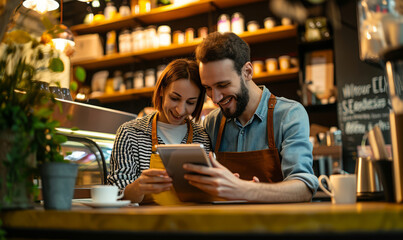 Young Caucasian couple in cafe working with tablets to browse internet