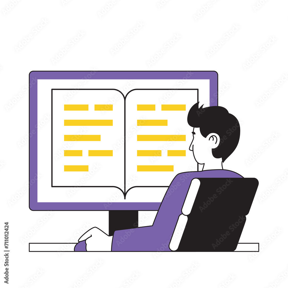 Poster book reading concept with cartoon people in flat design for web. man reads e-book at computer screen