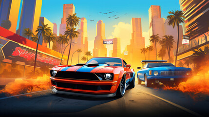 Vibrant Retro Cityscape with Muscle Cars
