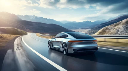 Fotobehang modern electric car zooming down a scenic highway, highlighting the eco-friendly and futuristic aspects of the vehicle Great for electric car commercials © 1st footage