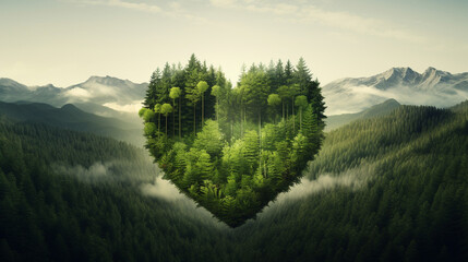 Forest Heartbeat The heart of a traveler overlaid with a dense, green forest, depicting the connection between nature and the human spirit Ideal for eco-friendly travel promotions - obrazy, fototapety, plakaty