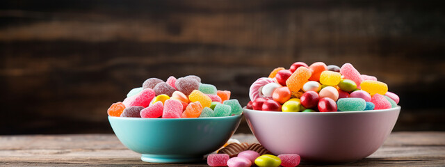 Multi-colored round candies in colored glaze in large quantities in a plate - obrazy, fototapety, plakaty