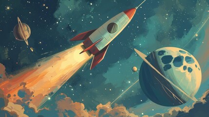 Space scene with rocket, planets and stars. Illustration in retro style
