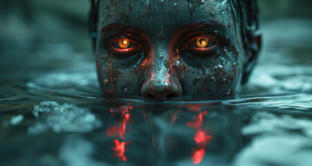 Creepy monster face in the water with red eyes  - obrazy, fototapety, plakaty