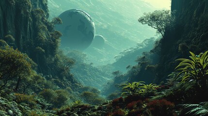 3D render of an alien planet in deep tropical rainforest
