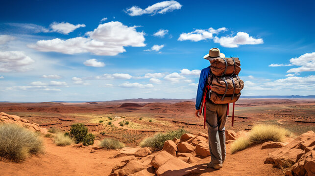 Australian Outback Adventure The rugged terrain of the Australian outback, including landmarks like Uluru, merged with the image of a backpacker, portraying the adventurous spirit of Australia