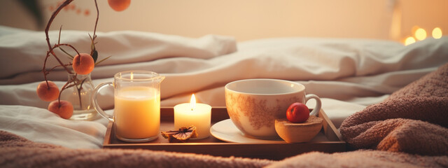 breakfast in bed with coffee and croissants - obrazy, fototapety, plakaty