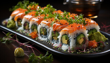 Freshness and cultures on a plate gourmet seafood meal with avocado generated by AI