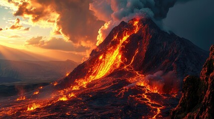 Volcano eruption at sunset, 3d render illustration of volcano eruption - obrazy, fototapety, plakaty