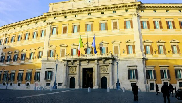 Rome Italy 01 11 2024: The Palazzo Montecitorio Europe Chamber of Deputies house of the Italian Parliament. Ancient city of Europe. Art and culture. Tourists from all over the world for the Colosseum 