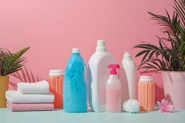 Fototapeta na wymiar Bottles with detergent on pink background