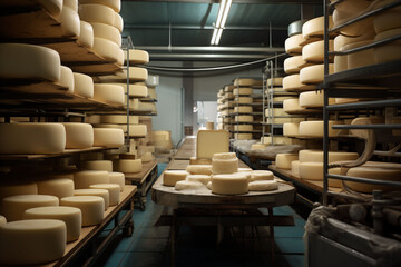 Modern cheese aging room with large stacks of cheese wheels on shelves, illuminated by artificial light. The atmosphere is sterile and professional, suitable for industrial food production.