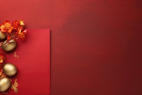 Chinese new year festival decorations red packet and gold ingots with copy space, happy Chinese New Year