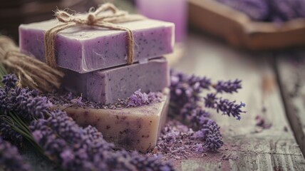 Obraz na płótnie Canvas lavender soap on the counter of a private shop. An ecological cosmetic product for skin care and treatment