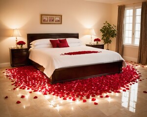 Romantic Bedroom with Rose Petals on Floor