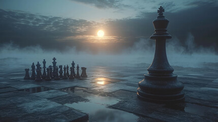 Antique landscape with chess pieces on a chess board with a sunset in the background. Concept about life as game.