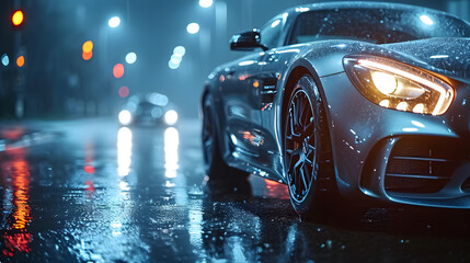 Luxury expensive car parked on dark background.  modern luxury design gray car. Clean lines and detailed front view of modern automotive advertising banner