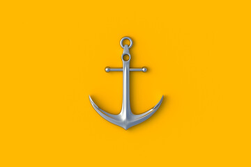 Metal anchor on orange background. Maritime concept. Travel and cruise. Marine equipment. Top view. 3d render - obrazy, fototapety, plakaty