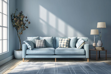 A light-filled living room with a blue sofa, beige pillows, and and decorations, embodying a modern, serene interior suitable for home design catalogs.