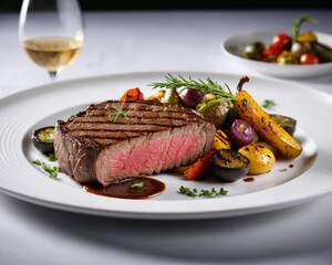 Grilled Steak with Vegetables on a White Plate