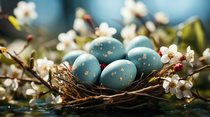 Fototapeta na wymiar Easter concept. Painted Eggs In Basket On Grass In Sunny Day