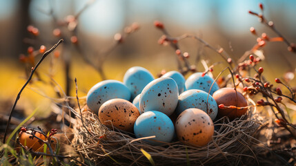 Fototapeta na wymiar Easter concept. Painted Eggs In Basket On Grass In Sunny Day