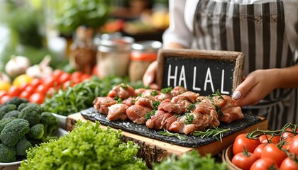 The inscription "halal" of dishes, a display case with food in a cafe offering kosher food or stores with supermarkets with ready-made dishes. Concept: balanced nutrition. Sign with inscription
