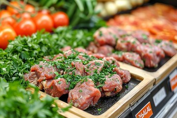 The inscription "halal" of dishes, a display case with food in a cafe offering kosher food or stores with supermarkets with ready-made dishes. Concept: balanced nutrition. Sign with inscription
