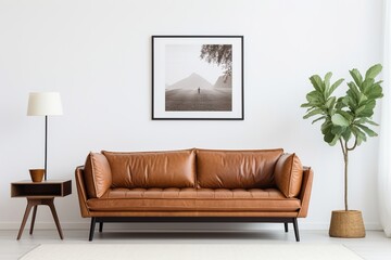 A stylish living room with a brown leather sofa, a wooden table, and a plant